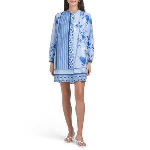 LINEA MODA BLUE MULTI Made In Italy Long Sleeve Striped Floral Shirt Mini Dress